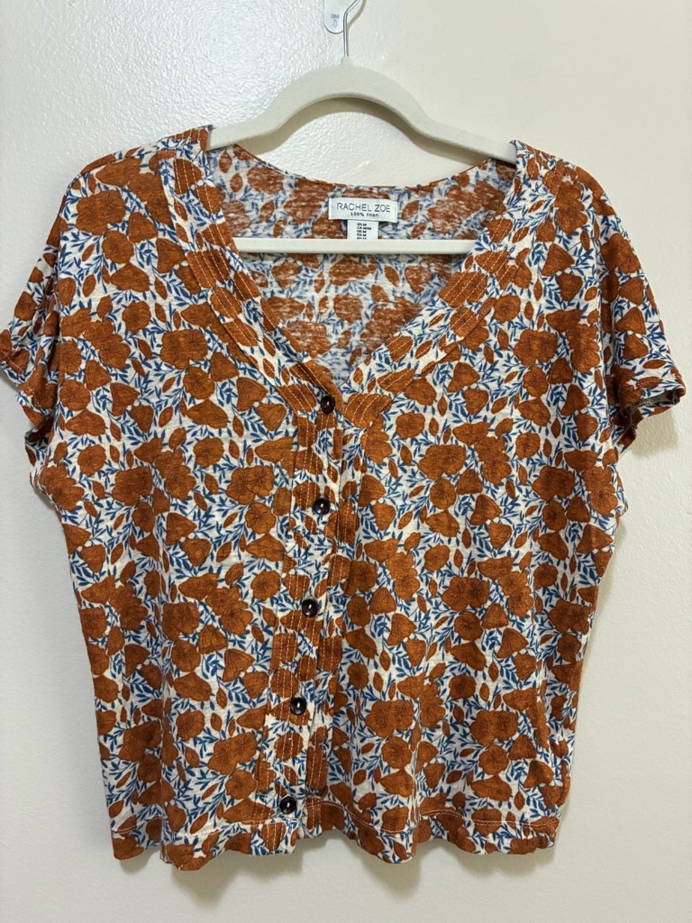 Rachel Zoe Rust Floral Button-Front Women’s Linen Knit Top